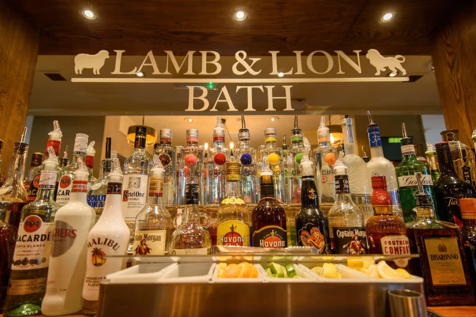 Lamb and Lion Bath back bar display